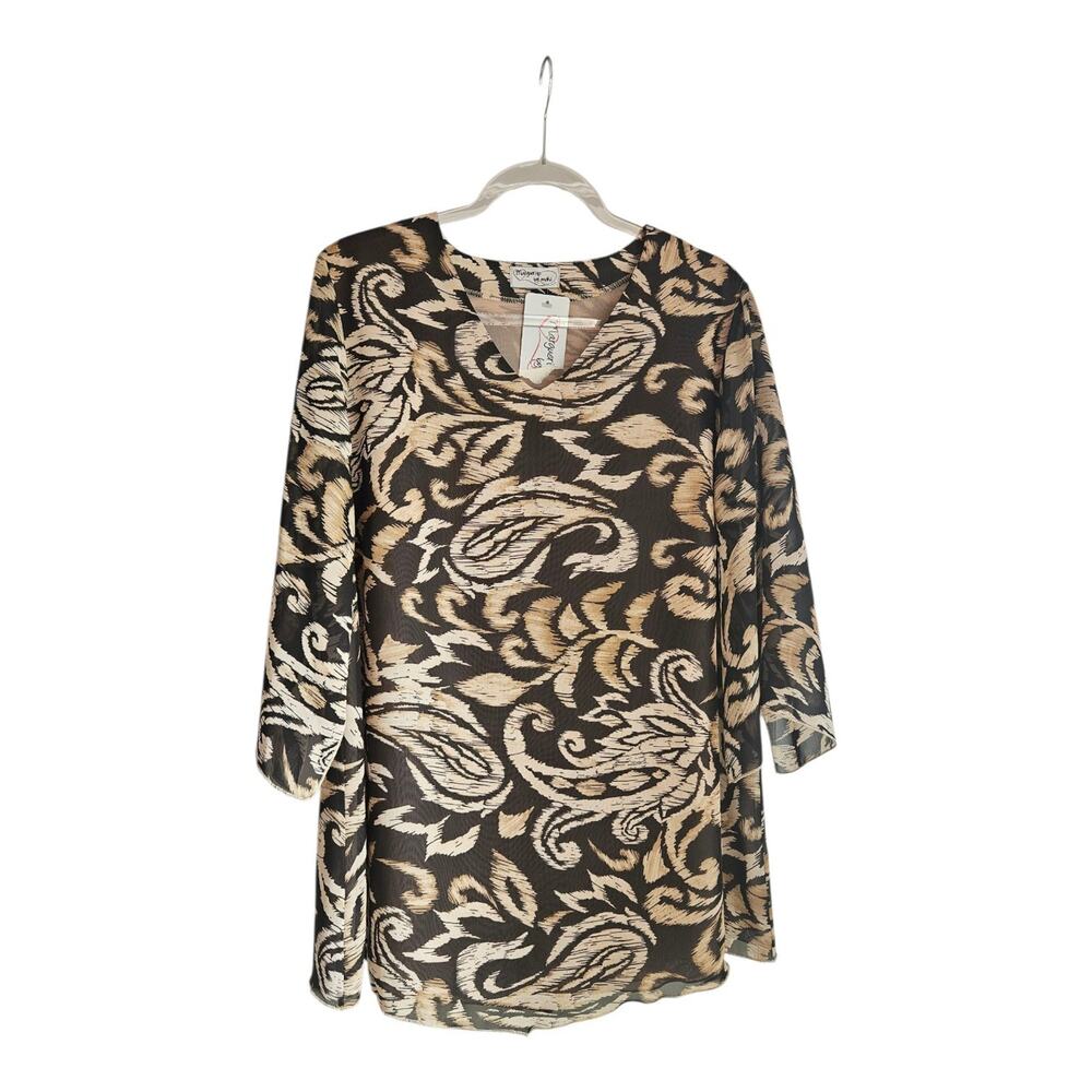 Marguerite by MAKO Womens Plus Size Blouse V-Neck 3/4 Sleeves Sheer Overlay